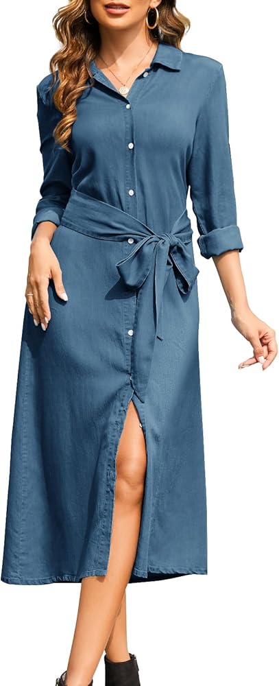 Women Long Sleeve Denim Dress Button Down Tie Waist Jean Midi Shirt Dresses