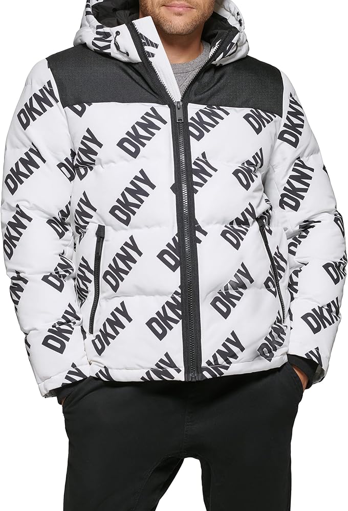 DKNY Men's Shawn Quilted Mixed Media Hooded Puffer Jacket