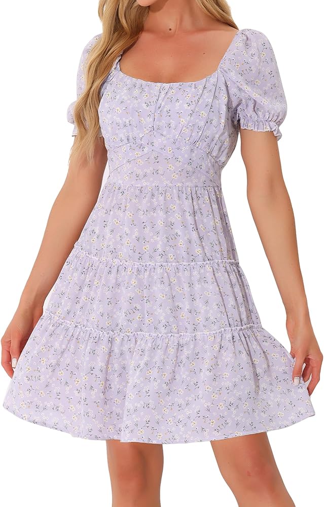 Allegra K Tiered Floral Dresses for Women's Summer Square Neck Puff Sleeve Tie Back Flowy Mini Dress