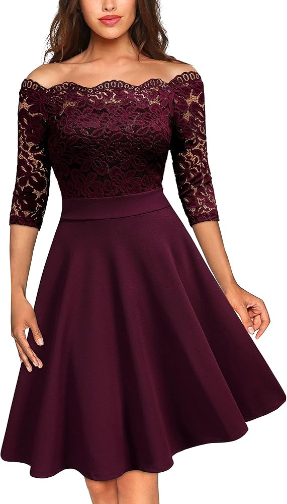 MISSMAY Women's Vintage Floral Lace Half Sleeve Boat Neck Formal Swing Dress