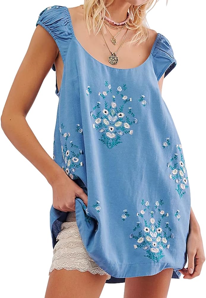 Womens Floral Embroidered Dress Casual Wedding Guest Dresses Lightweight Summer Dresses for Beach Vacation Blue