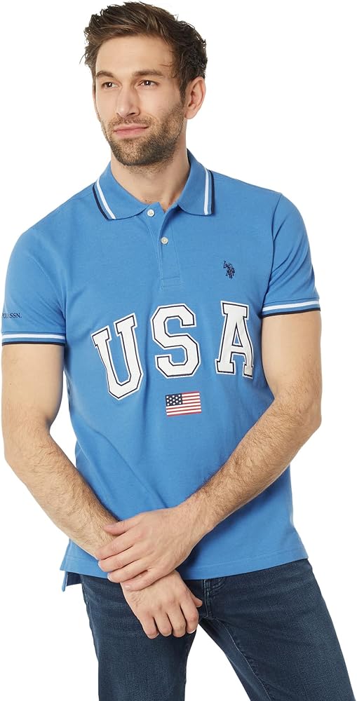 U.S. Polo Assn. Slim Fit USA Applique Flag Print Knit Polo Shirt Super Sonic Blue LG