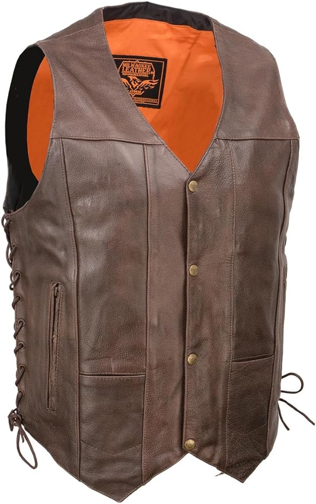 Milwaukee Leather ML1391RT Men's Retro Brown Leather Vest- 10 Pockets Side Lace 4-Snap V-Neck Motorcycle Rider Vest