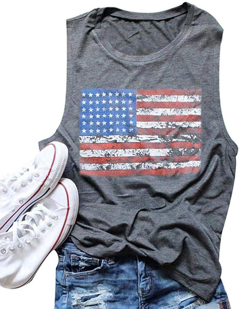 FAYALEQ American Flag Print Tank Tops Women USA Stars Stripes Patriotic T Shirt Summer Loose Vest Tees