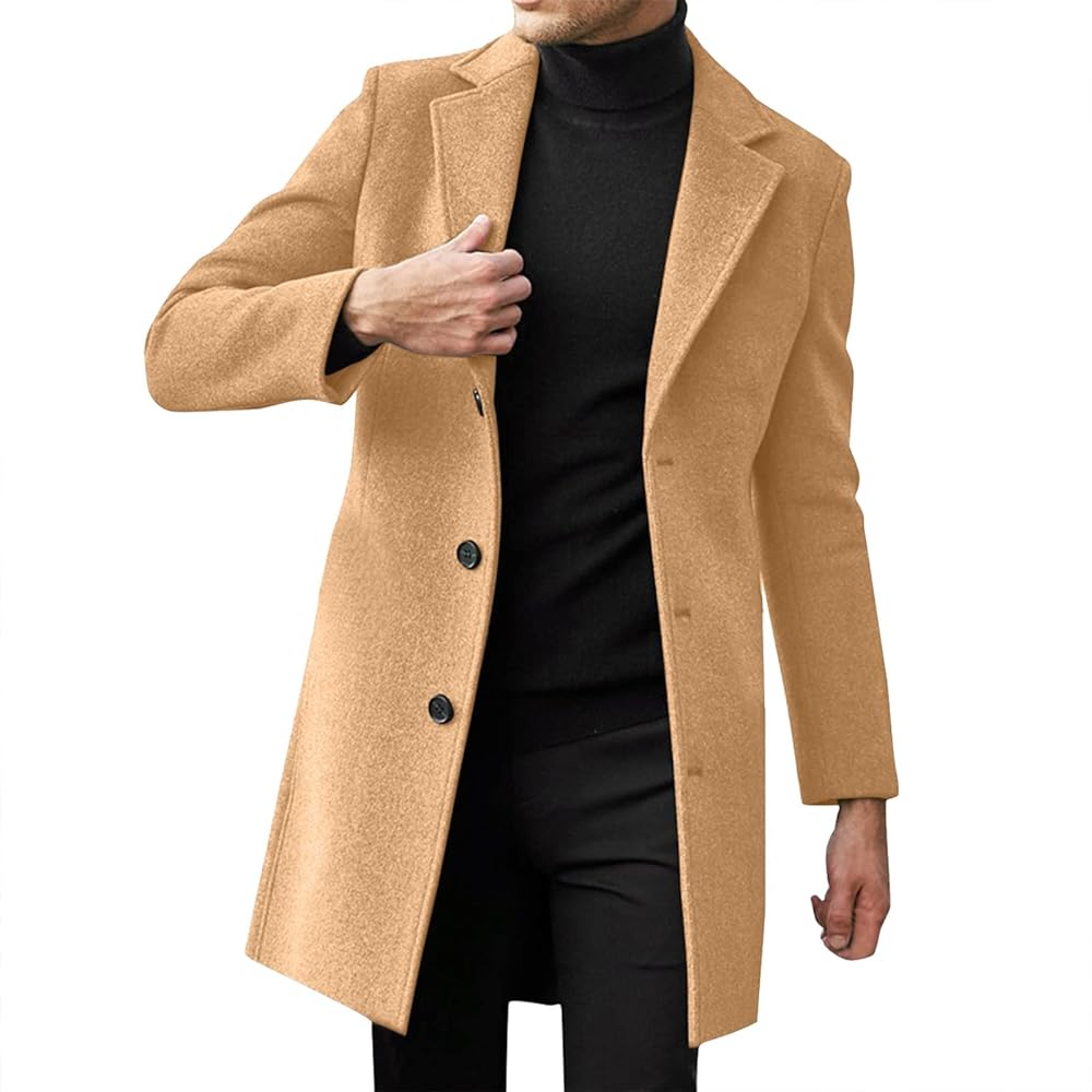 Wool Pea Coats for Men Winter Slim Fit Casual Single Breasted Trench Coat Mid-Length Thermal Business Peacoat