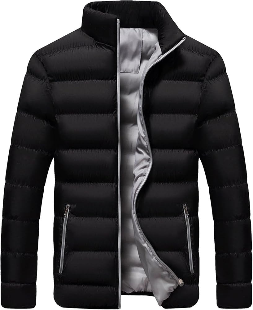 Men Winter Down Coat Jacket Lightweight Warm Thicken Padded Outerwear Stand Collar Hiking Warm Overcoat