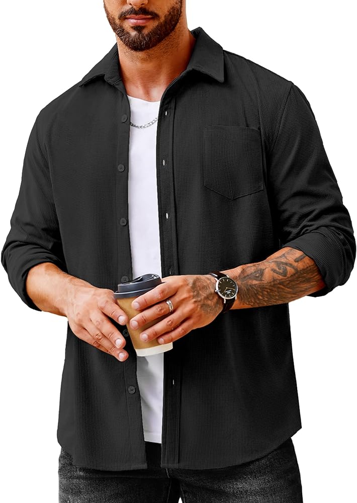 COOFANDY Men's Waffle Button Down Shirts Casual Long Sleeve Shacket Jacket with Pockets