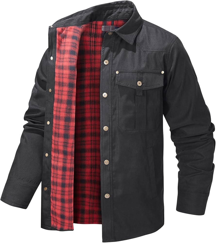 Mens Flannel Lined Lightwight Casual Snaps Plaid Shacket Shirt Jacket with Pockets