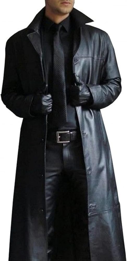 Men's Lambskin Trench Coat, Black Leather Long Coat, Duster, Overcoat Glossy Finish (L, BLACK-859)