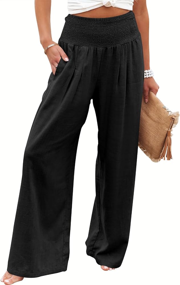 ANRABESS Women Linen Palazzo Pants Summer Boho Wide Leg High Waist Casual Lounge Pant 2024 Beach Travel Vacation Outfits