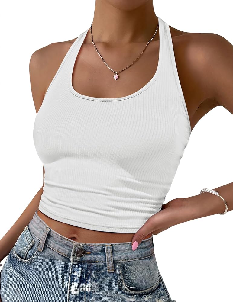 Ekouaer Women Halter Top Backless Scroop Neck Slim Stretchy Ribbed Knit Camisole Crop Tops S-XXL