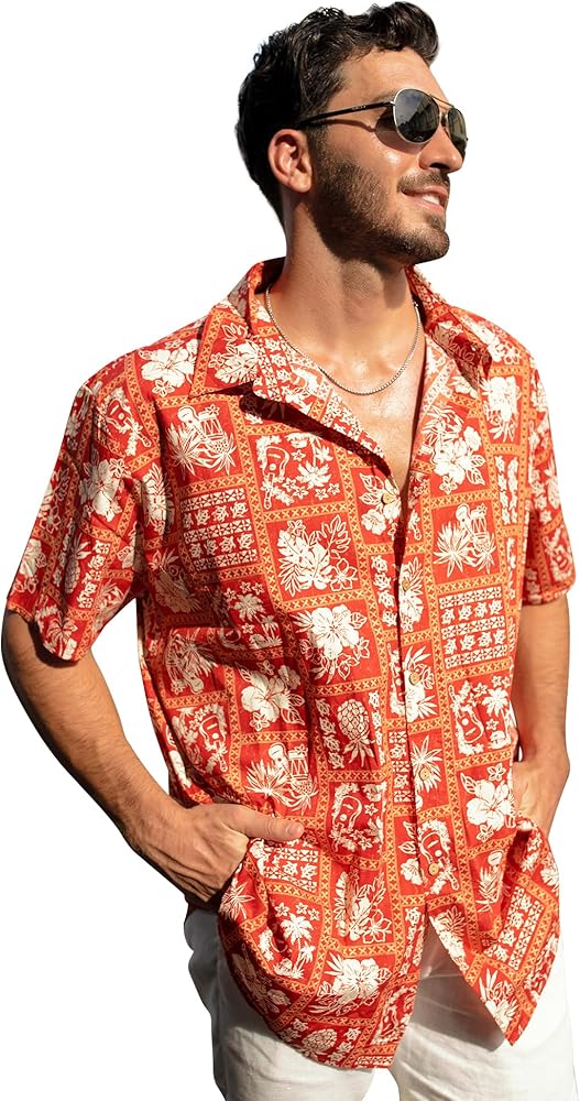 Men's Cotton Hawaiian Shirt - Vintage Beach Button Down, Short Sleeve Summer Floral Aloha Tropical Shirt for Men