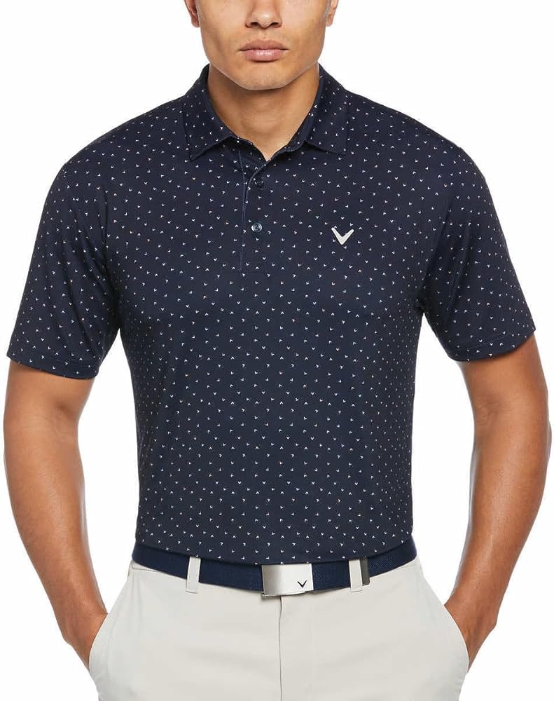 Callaway Mens Lightweight Performance Polo (US, Alpha, Large, Regular, Regular, Dark Blue Allover Logo Print)