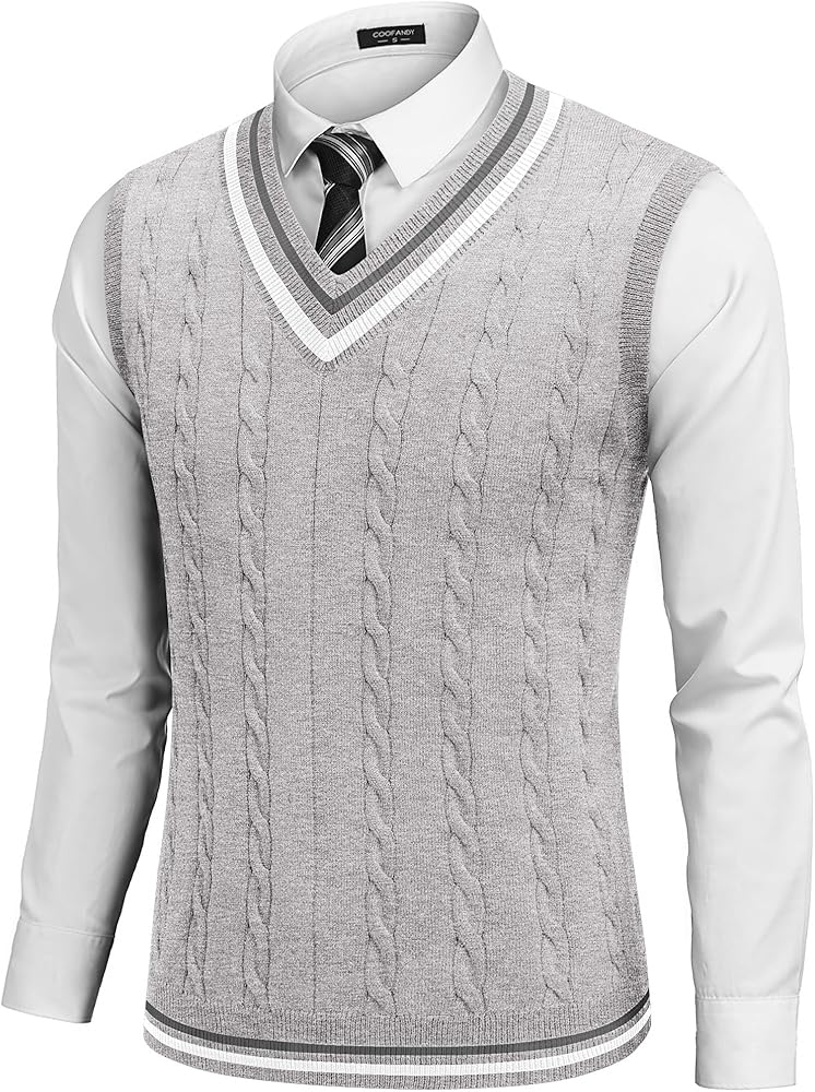 COOFANDY Men's Sweater Vest V Neck Casual Sleeveless Pullover Striped Cable Knit Sweater Vest