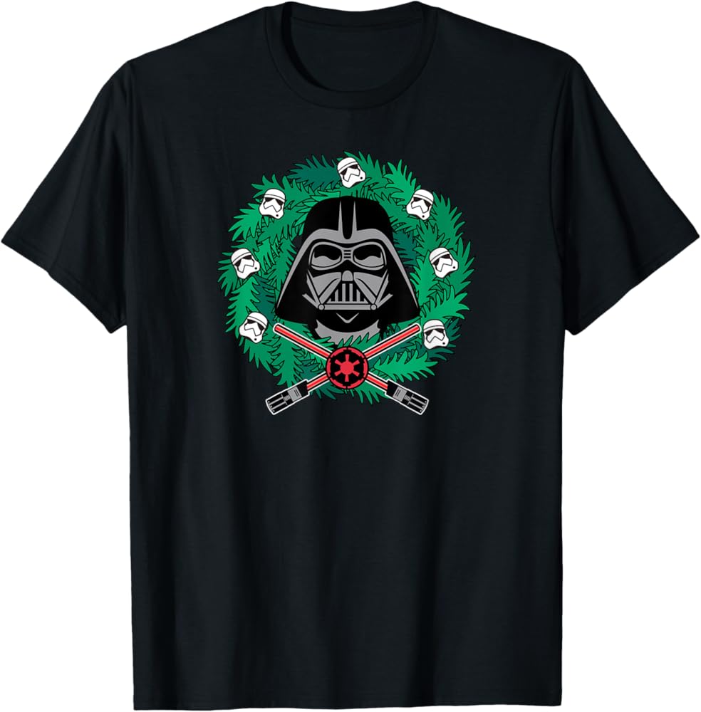 Amazon Essentials Men's Darth Vader Helmet Holiday Christmas Wreath T-Shirt, Star Wars Darth, Small