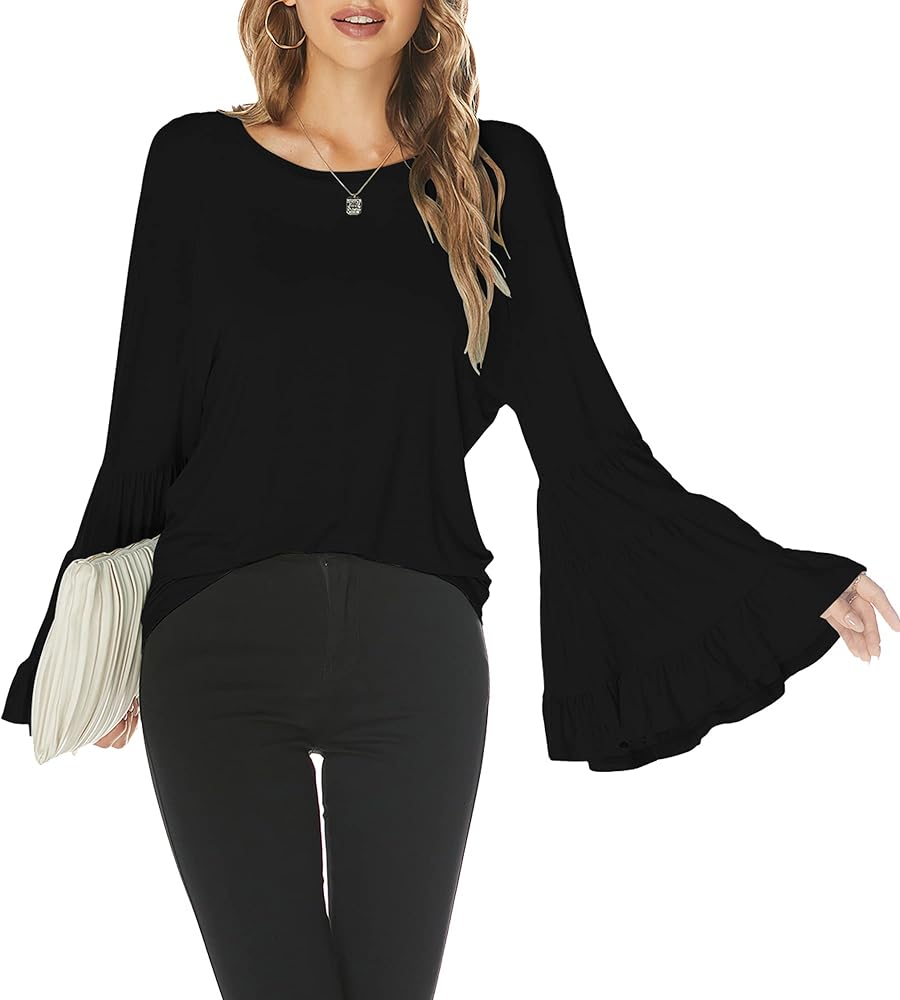 Hount Women Casual Long Bell Sleeve Tops Loose Round Neck T Shirt Flare Sleeve Shirt Tops