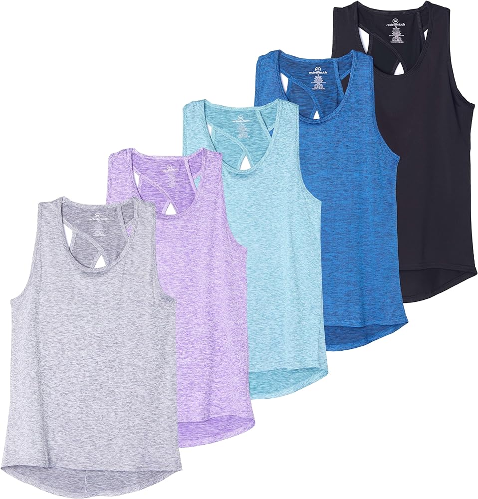 Real Essentials 5 Pack: Women's Crossback Keyhole Open Back Workout Tank Top Dry-Fit Sleeveless Yoga Gym (Available in Plus)