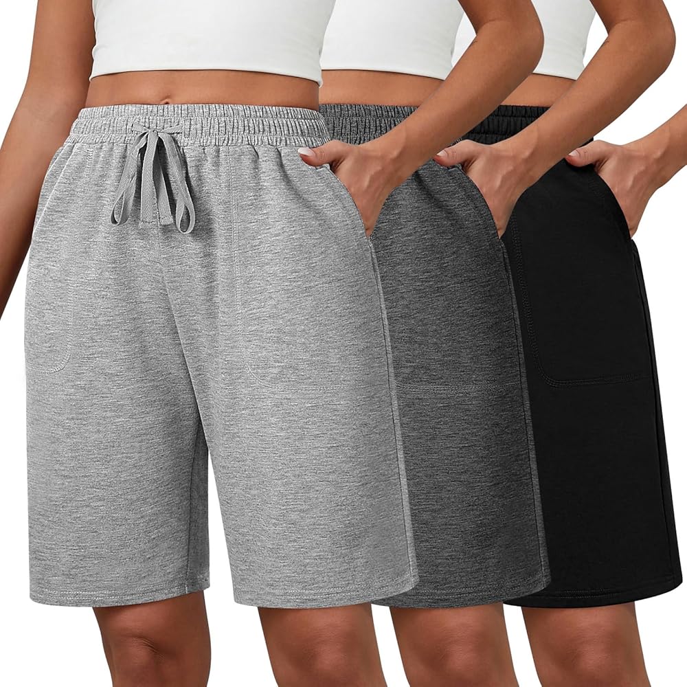 3 Pack Women's Bermuda Athletic Shorts High Waist Shorts with Pockets Drawstring Shorts Knee Length