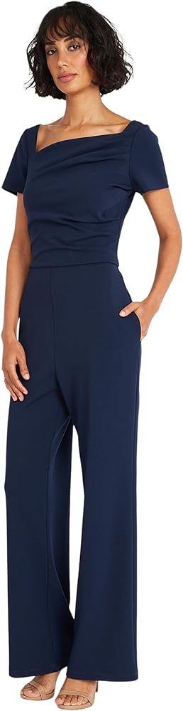 Maggy London womens Stylish and Chic Asymmetric Neck Jumpsuit With Short Sleeves | Jumpsuits for Women Dressy