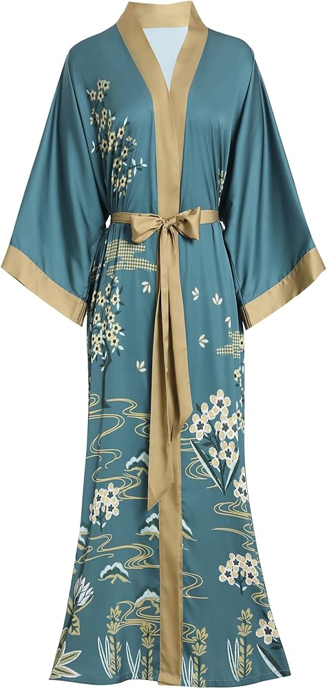 Aensso Long Soft Lightweight Silky Kimonos Robes for Women, Luxury Japanese Floral Womens Kimono Robe