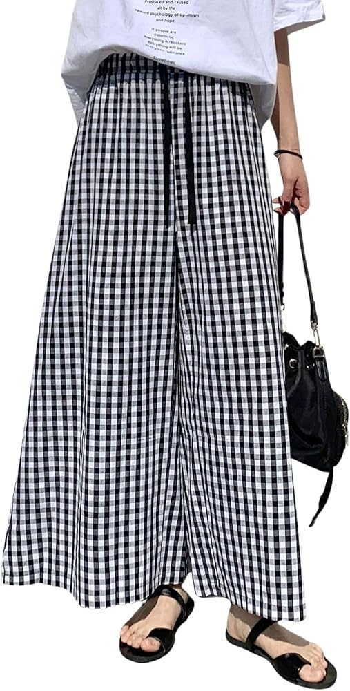 chouyatou Women's Plaid Wide Leg Culotte Pants Gingham High Elastic Waisted Cropped Palazzo Pants with Pockets