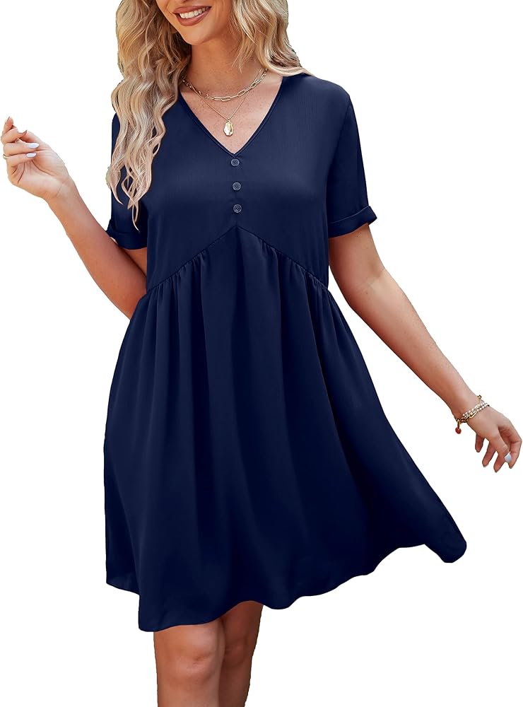 PRETTYGARDEN Summer Dress for Women 2024 Short Sleeve V Neck Ruffle Floral Swing A-Line Short Dresses