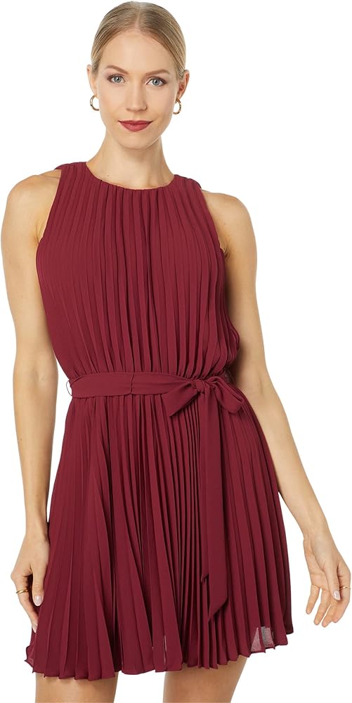 BCBGMAXAZRIA Women's Mini Cocktail Fit and Flare Tie Front Pleats Round Neck Dresses