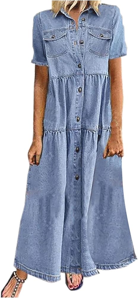 Women's Vintage Short Sleeve Blue Jean Shirt Dress Button Up Denim Dress Summer Jean Shirt Dress Flowy Fall Long Dress