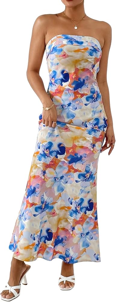 OYOANGLE Women's Floral Print Sleeveless Strapless Draped Backless Bodycon Summer Maxi Tube Dress