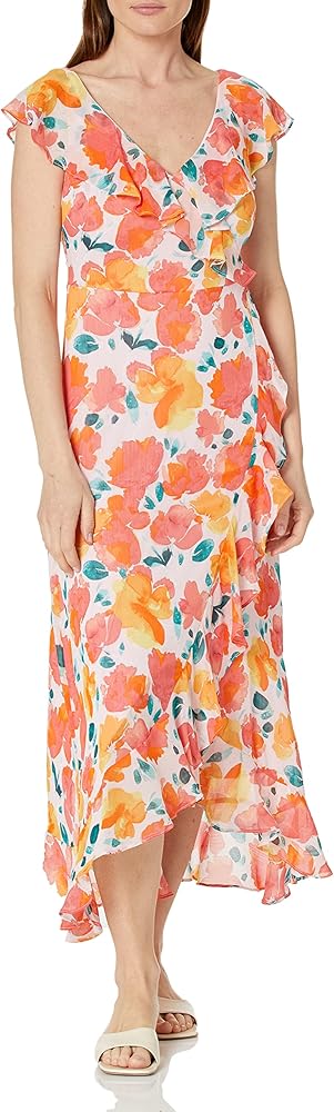 London Times Women's Faux Wrap Ruffle Maxi Dress