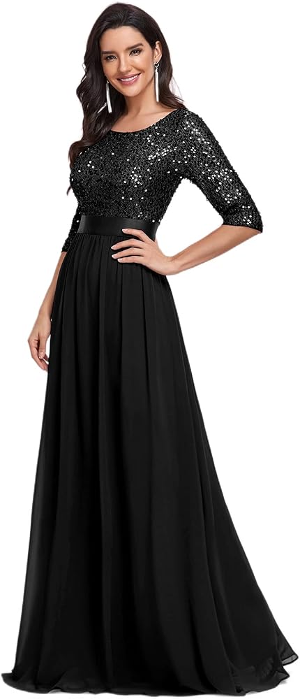 Ever-Pretty Women's Elegant A Line Crew Neck Half Sleeve Sequin Maxi Evening Dress 00683