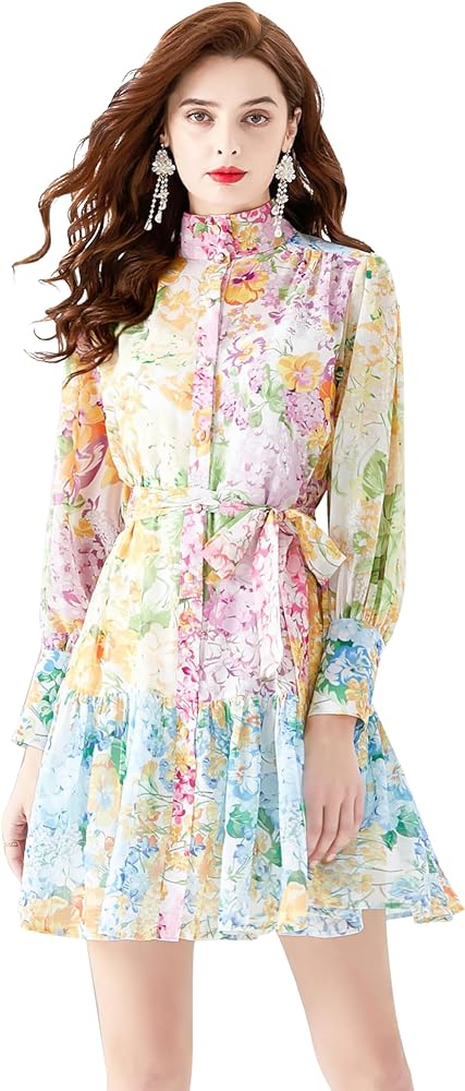 LAI MENG FIVE CATS Women's Floral Print Long Lantern Sleeve Ruffle Casual Button Belted Thin Fabric Mini Dress