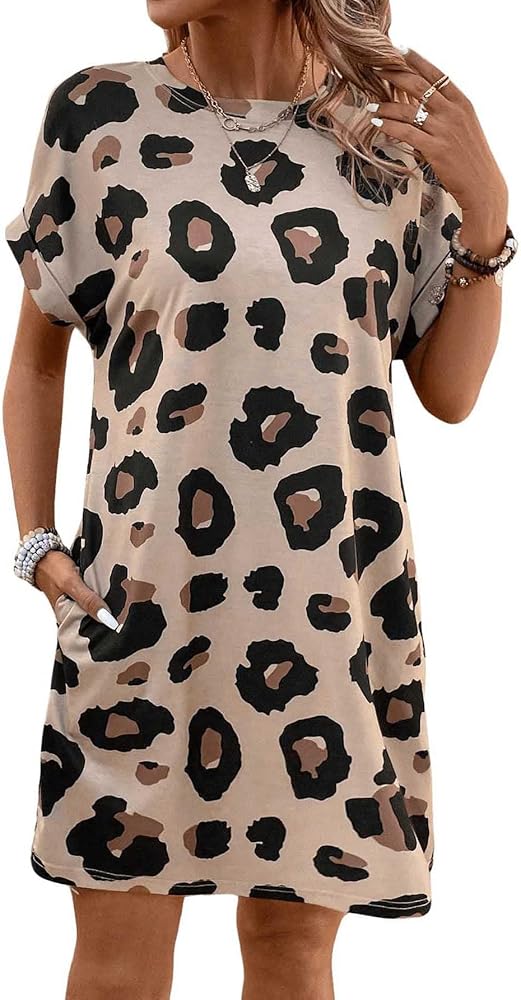 OYOANGLE Women's Summer Casual Leopard Graphic Print Short Sleeve Dress with Pockets