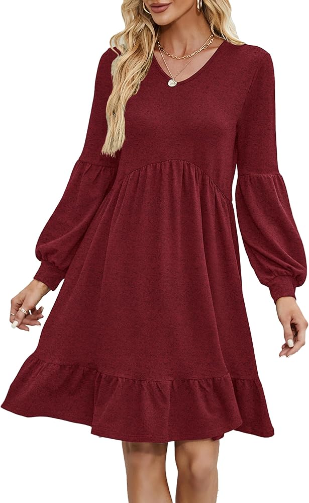 Nmoder Women Tunic Dress V Neck with Lantern Long Sleeve Casual Loose Flowy Swing Shift Dresses S-XL