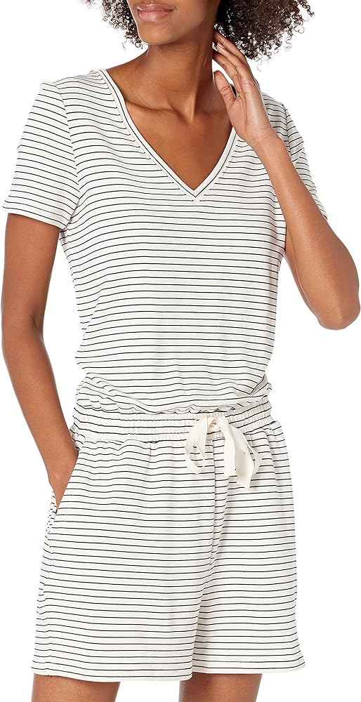 Amazon Essentials Women's Supersoft Terry Short-Sleeve V-Neck Romper (Previously Daily Ritual)