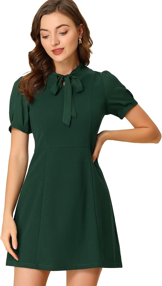 Allegra K Elegant Dresses for Women's Tie Neck Puff Short Sleeve Office Work Dress