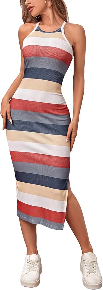 Verdusa Women's Casual Color Block Sleeveless Dress Striped Split Thigh Halter Midi Dress