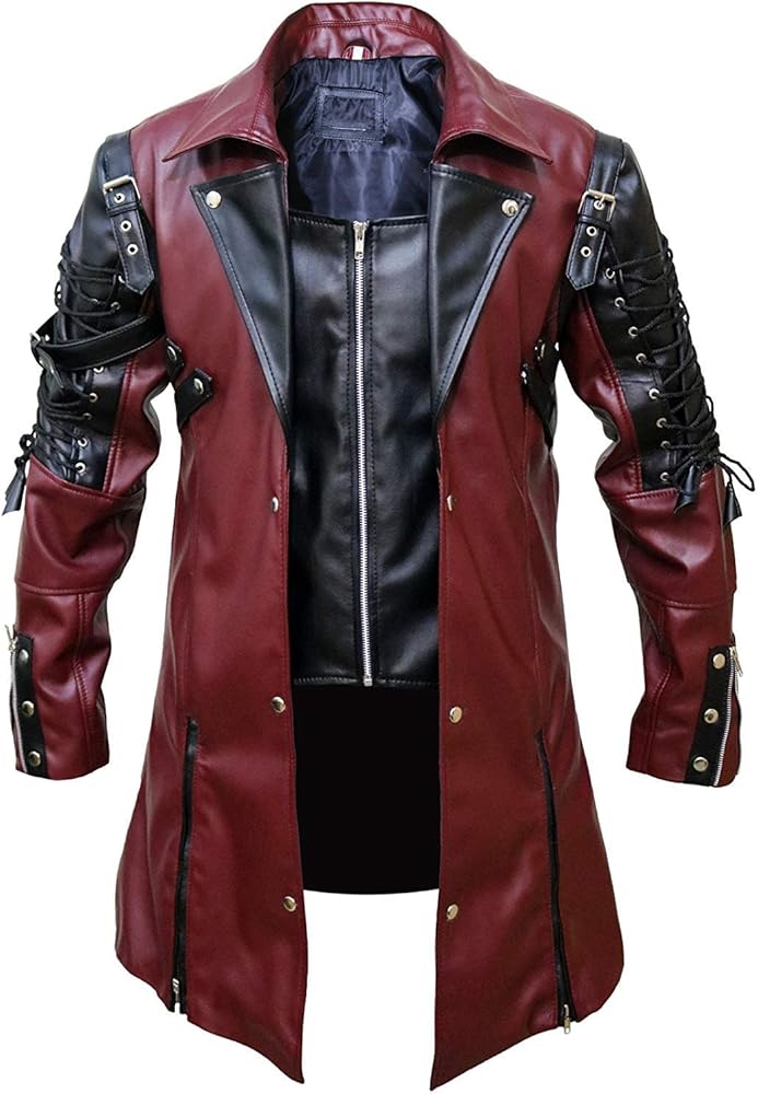 Steampunk Gothic Men Faux Leather Maroon & Black Coat Jacket, XXS - 3XL