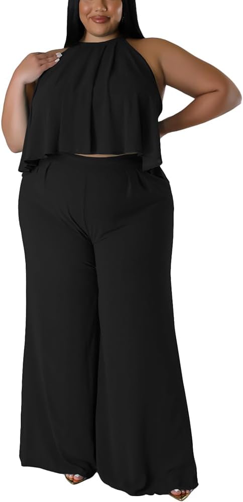 YeGine Women's Plus Size 2 Piece Outfits Summer Casual Sexy Sleeveless Top Lounge Wide Leg Long Pants Set