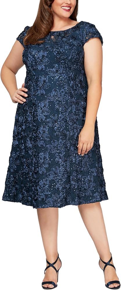 Alex Evenings Women's Plus Size Tea Length Dress with Rosette Detail