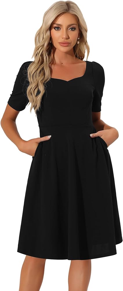 Allegra K Work Dresses for Women's Sweetheart Neckline Short Sleeve A-Line Dress