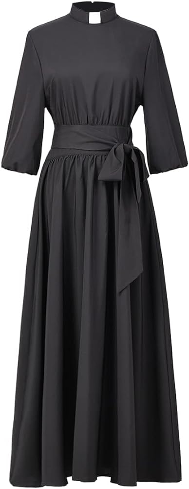 Church Dresses for Women Elegance Audrey Hepburn Style Tab Collar 3/4 Puff Sleeve Swing Maxi Dress with Long Belt