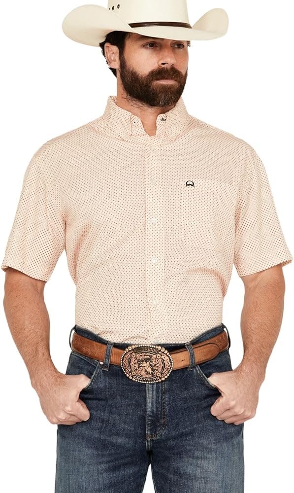 Cinch Men's Arenaflex&Reg; Geo Print Short Sleeve Button-Down Performance Stretch Peach X-Large