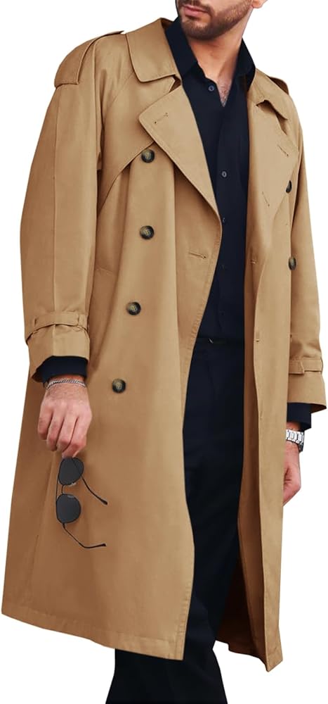 Runcati Mens Trench Coat Double Breasted Long Jacket Casual Windbreaker Notched Lapel Belted Overcoat