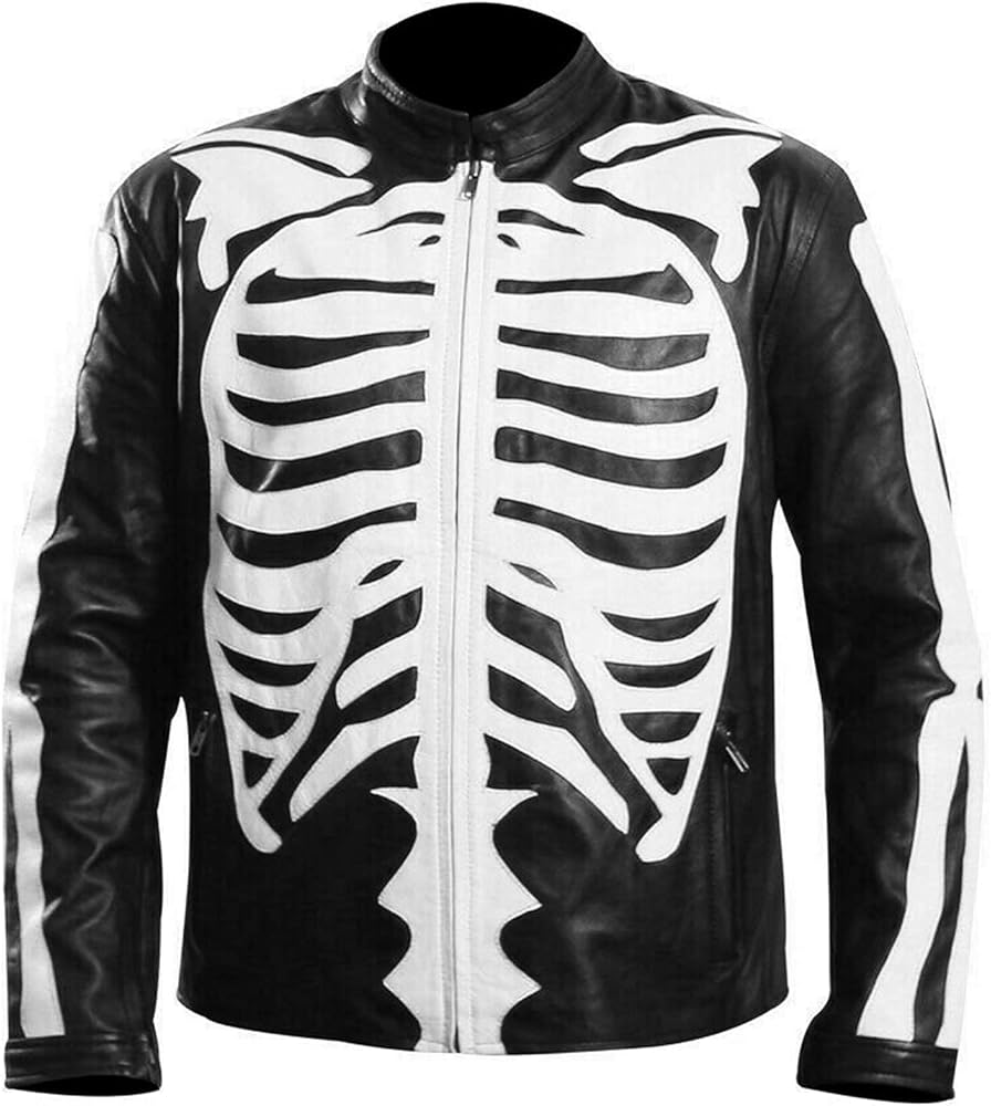 Men's Skeleton Design Motorcycle Racing Black Biker Leather Jacket