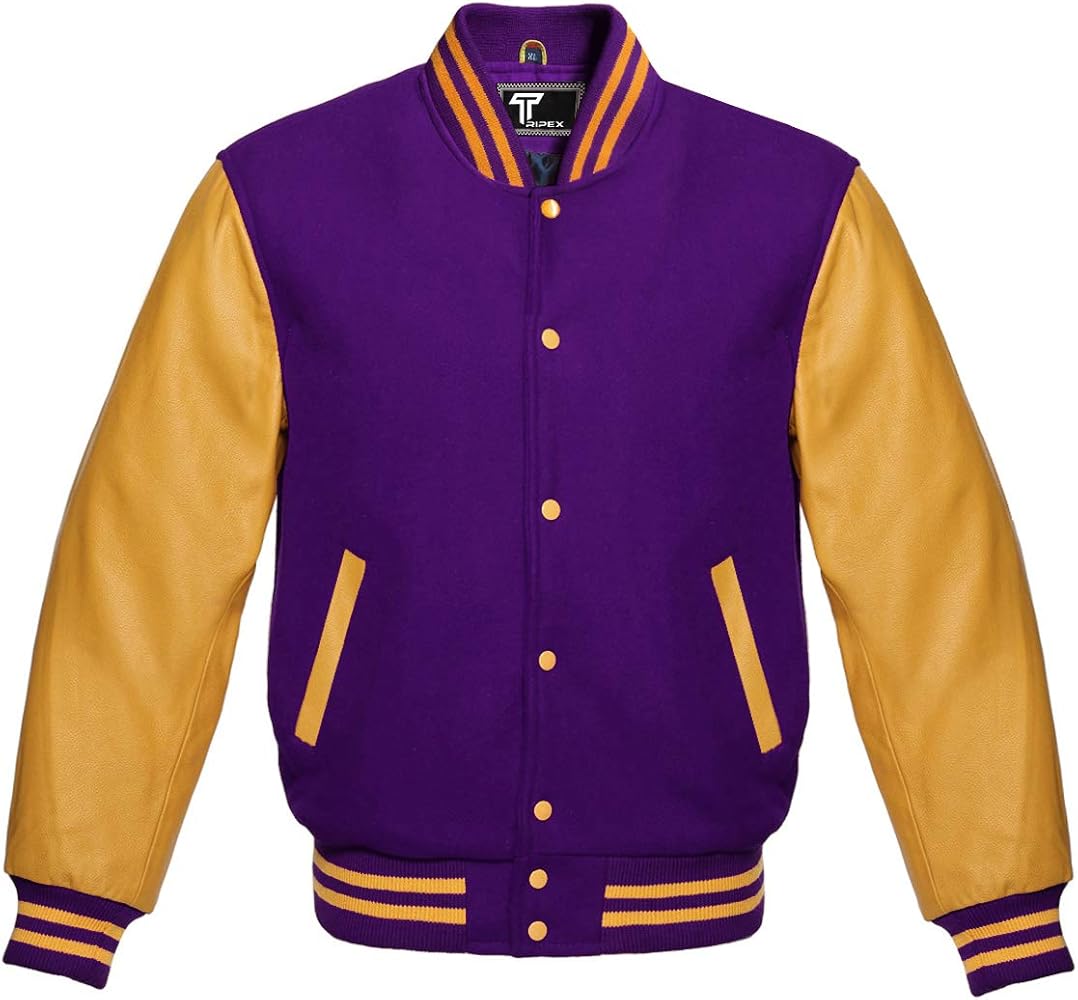 Premium Letterman Baseball School College Bomber Varsity Jacket Purple & Gold Genuine Leather Sleeves