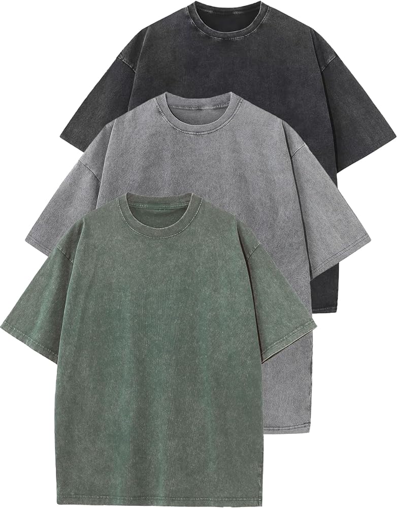 Flygo 3 Pack Men Oversized T Shirts Acid Washed Unisex Tee Loose Fit Short Sleeve Casual Streetwear Baggy Basic Tops