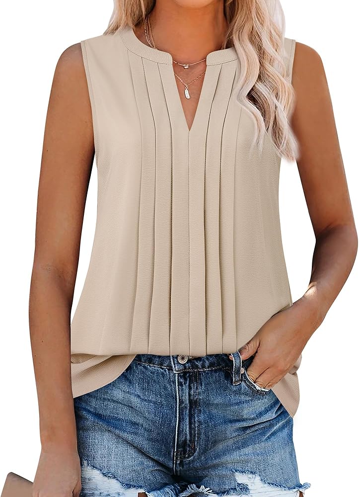 Gaharu Sleeveless Chiffon Tank Tops for Women Dressy V Neck Blouses Work Pleated Shirt