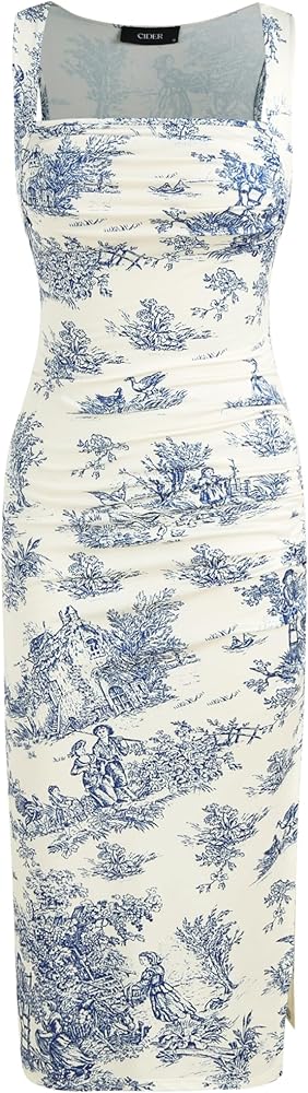 CIDER Toile de Jouy Ruched Split Maxi Dress