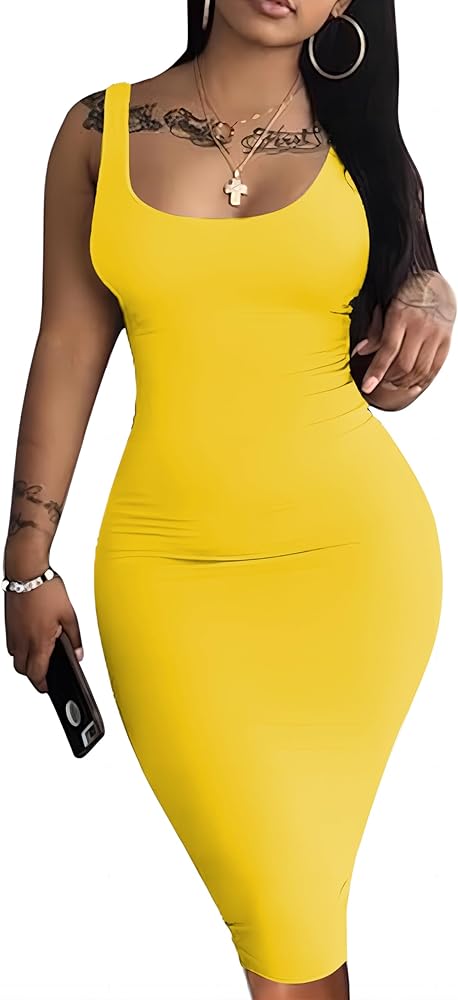 Nimsruc Women Casual Sexy Tank Top Bodycon Dress Summer Pencil Sleeveless Basic Midi Club Dresses